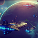 Frigates and spaceships engage in space combat above a planet's stratosphere in No Man's Sky.